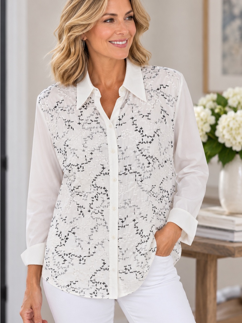 Basler White Lace-Front Button Down Blouse